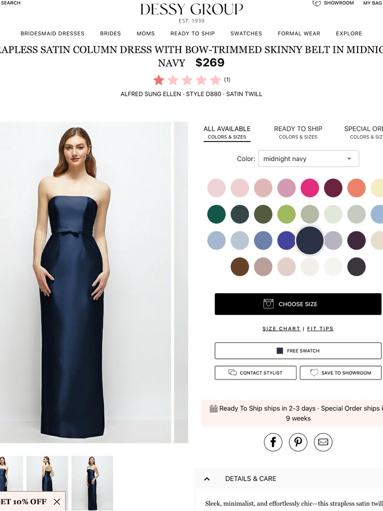 Dessy Midnight Navy Strapless Satin Column Dress With Bow-Trim